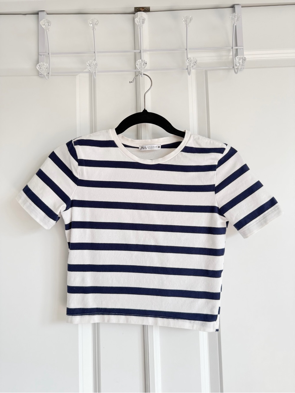 Zara White & Navy Blue Striped Short Sleeve Tee